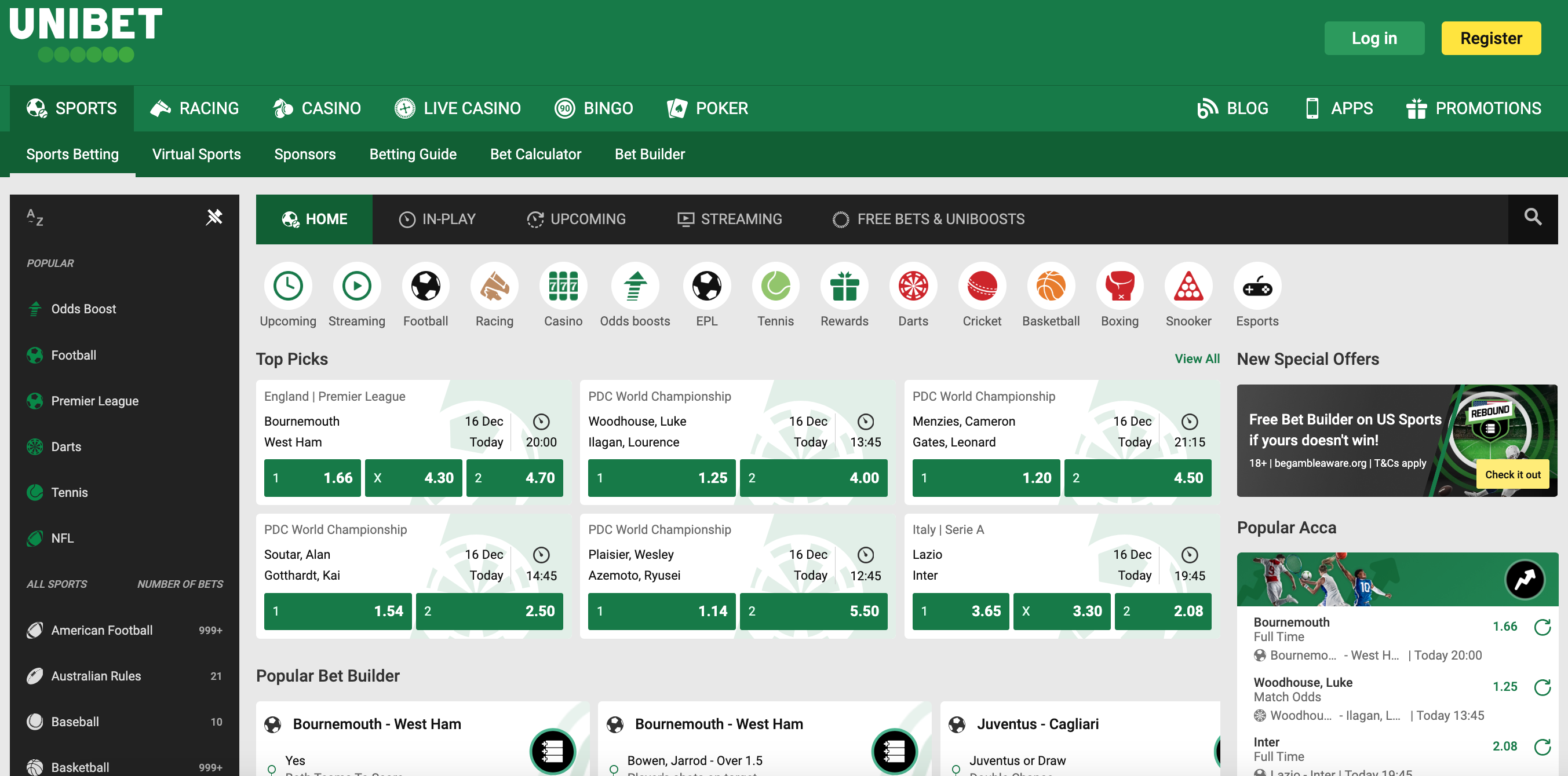 Unibet sports homepage, with 'top picks' centrally, popular bet builders below, all sports on the left, new special offers on the right and popular accas below